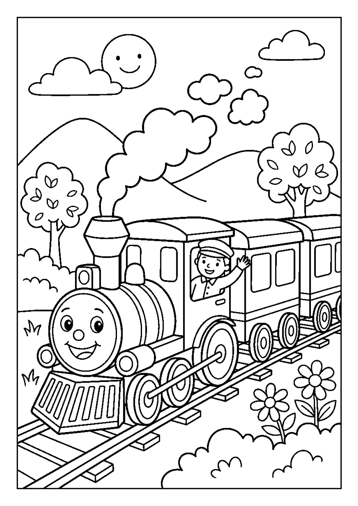 Coloriage d'une locomotive avec des wagons qui traverse une jolie campagne avec des arbres et des collines.
