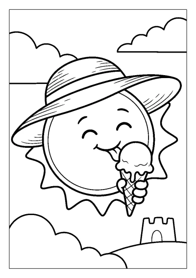 Coloriage d'un soleil qui porte un chapeau et mange une glace