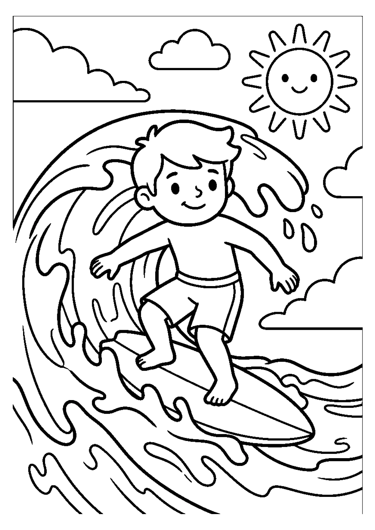 Coloriage d'un enfant sur une planche de surf au milieu d'une grande vague de chocolat fondu.