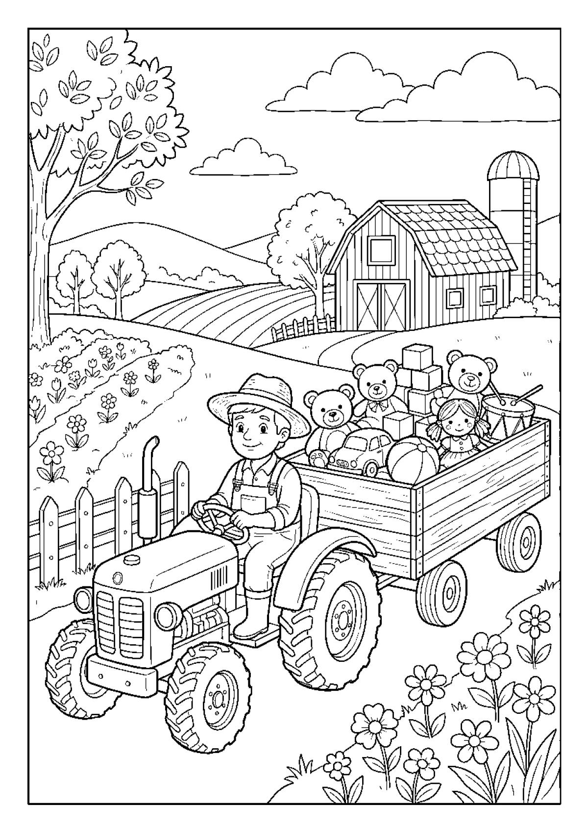 Coloriage d'un gros tracteur avec une remorque remplie de jouets et de cadeaux.