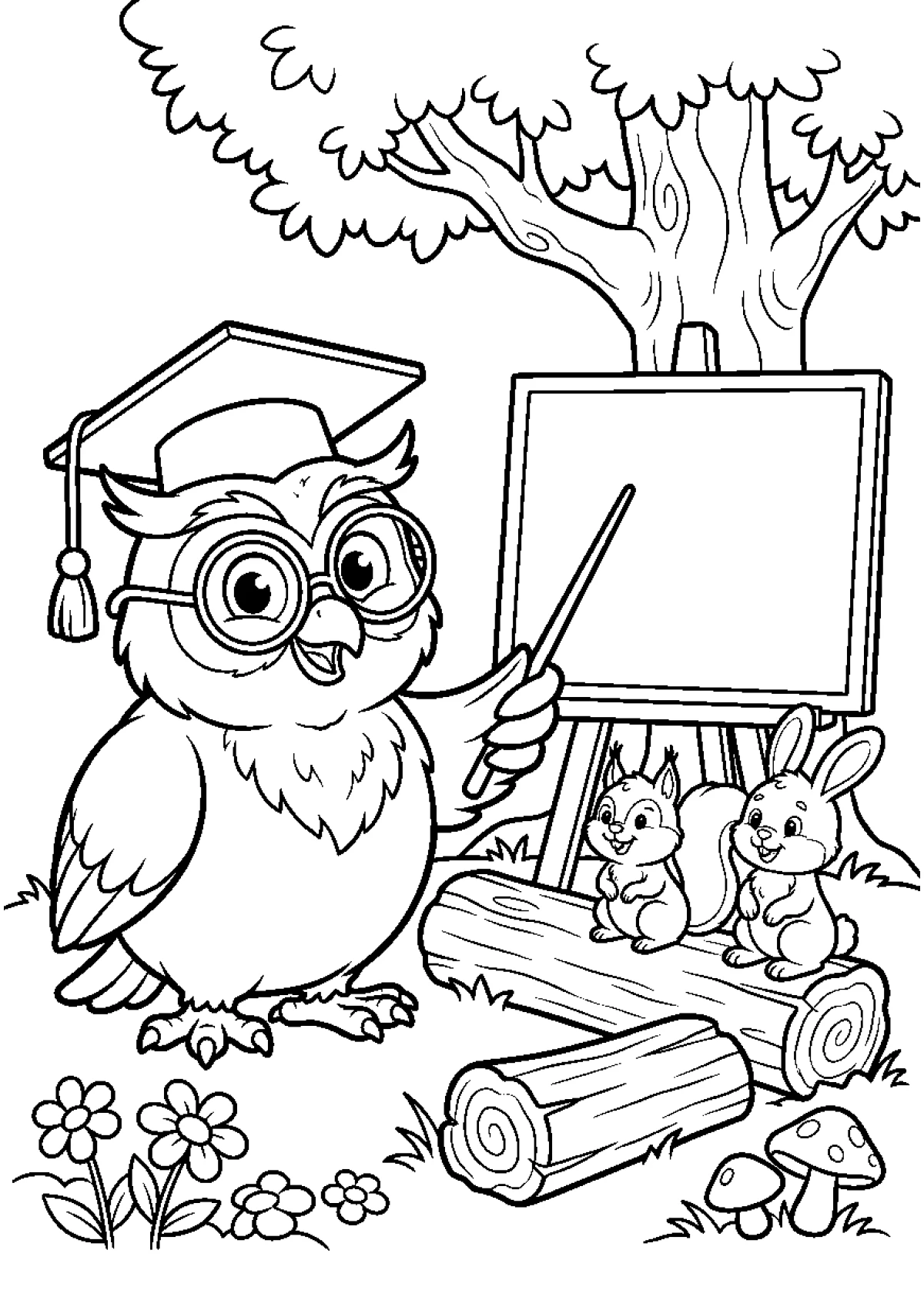 Coloriage d'un vieux hibou professeur avec des lunettes qui fait la classe aux animaux de la forêt.