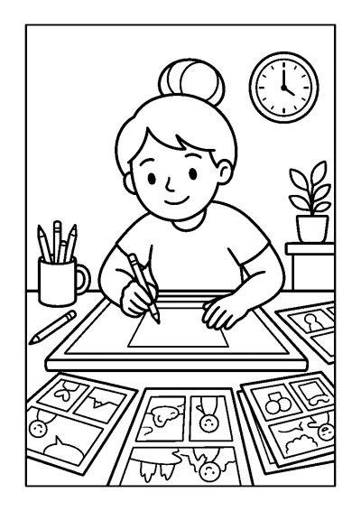 Coloriage d'une dessinatrice de BD travaillant à sa table lumineuse avec ses feuilles de dessin.