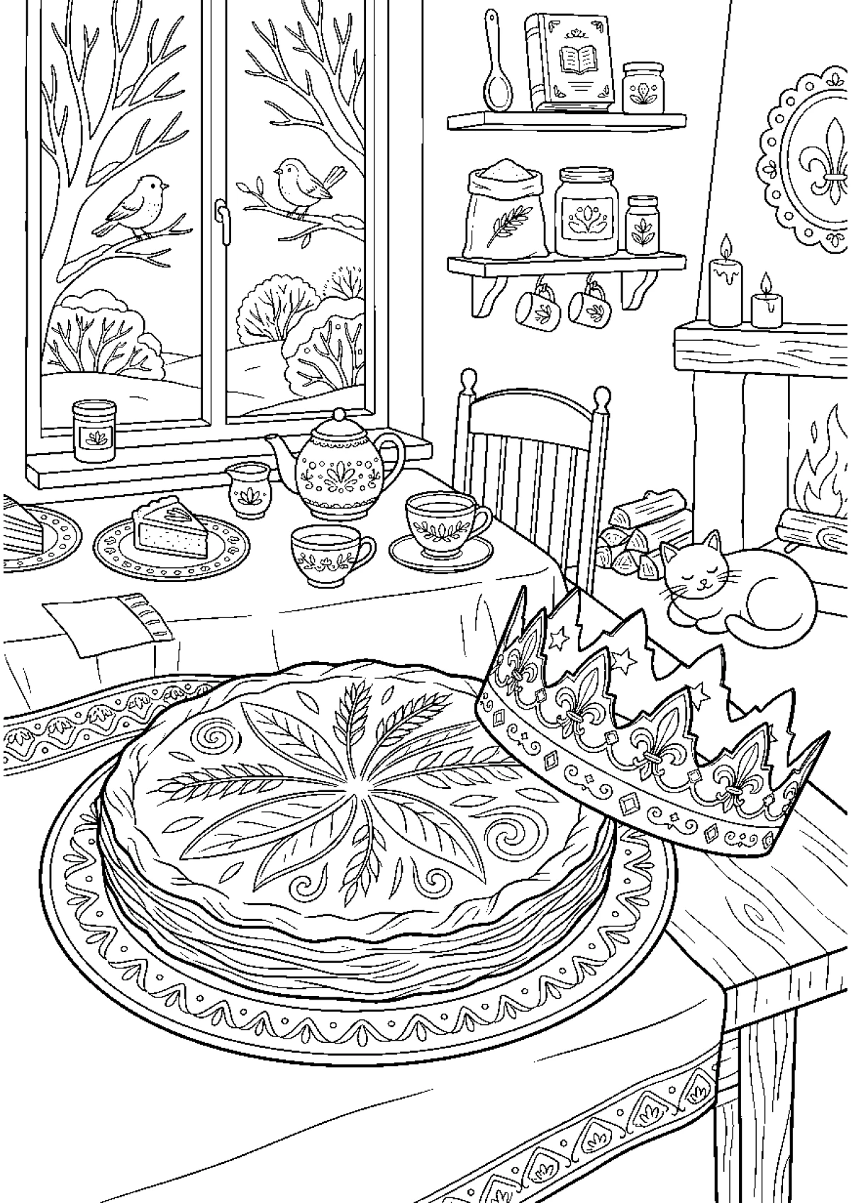 Coloriage d'une galette des rois avec son quadrillage et une couronne posée juste à côté.