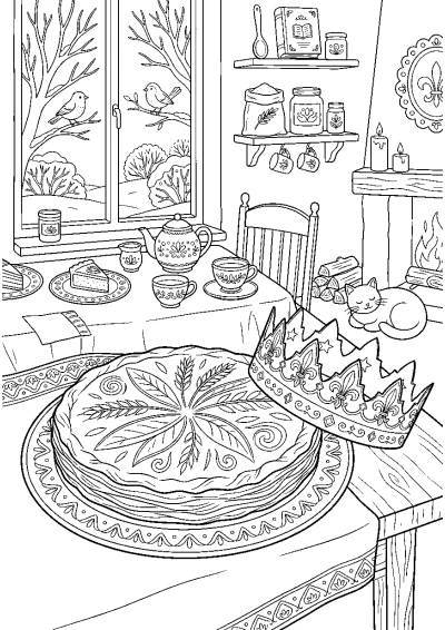 Coloriage d'une galette des rois avec son quadrillage et une couronne posée juste à côté.