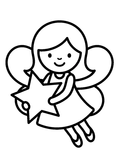 Coloriage d'une petite fée et d'une grosse étoile avec des traits épais.