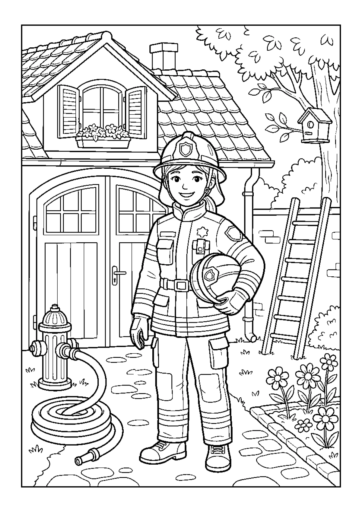 Coloriage d'une femme pompière souriante tenant son casque devant un camion de pompiers