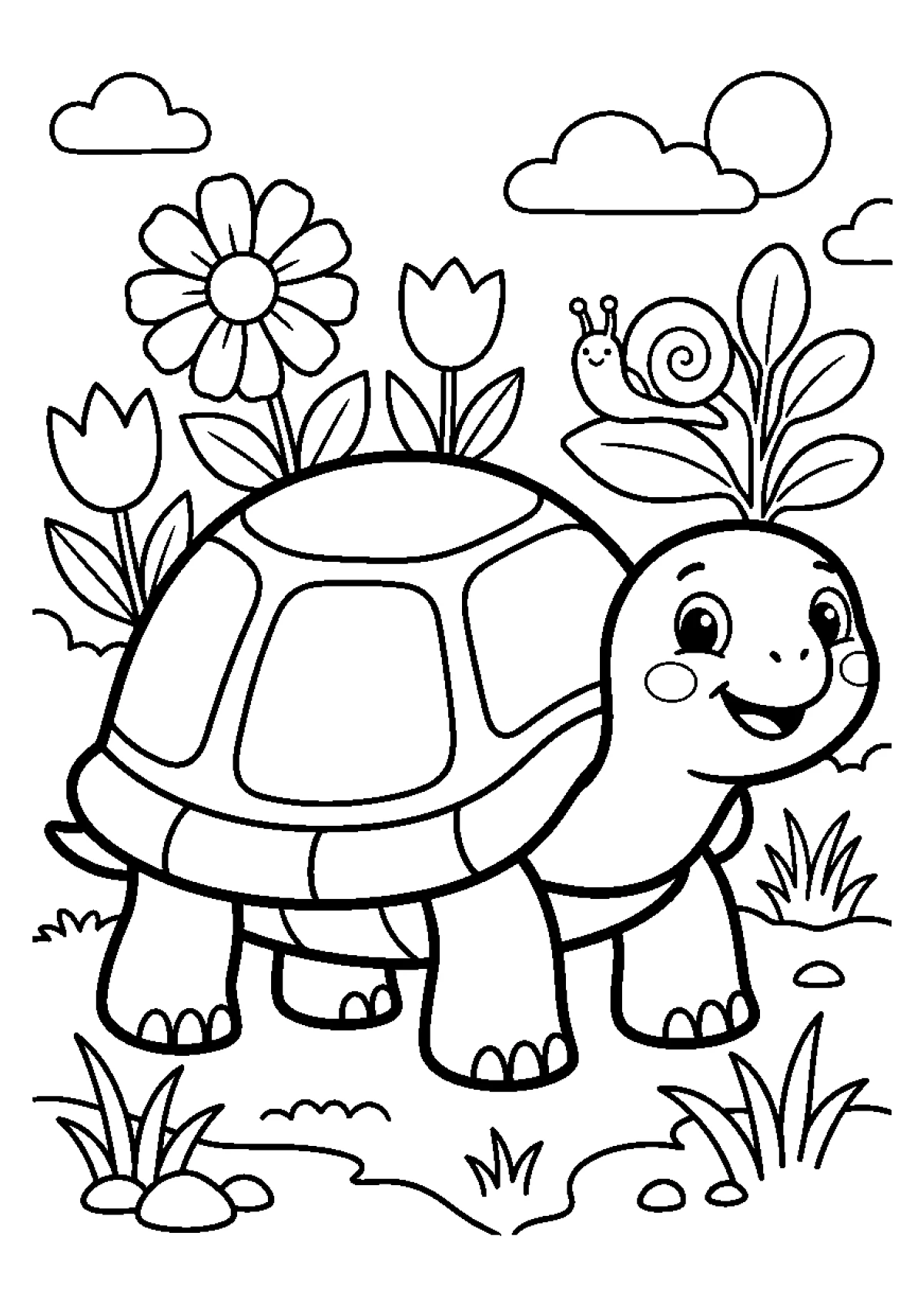 Coloriage d'une tortue qui marche dans l'herbe du jardin à côté de petites fleurs.