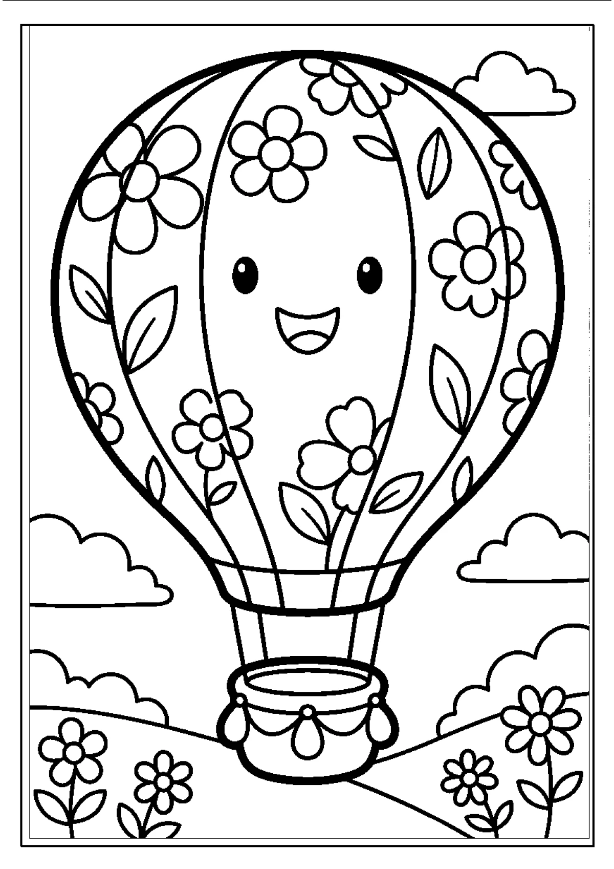 Coloriage d'une montgolfière décorée de grandes fleurs qui voyage dans les nuages.
