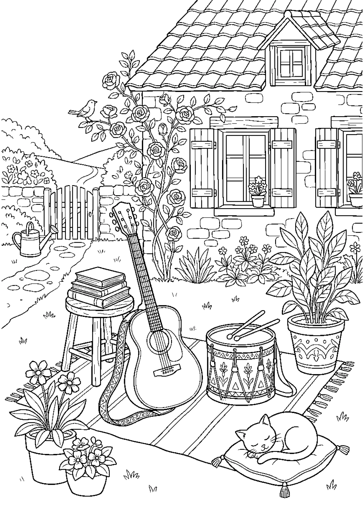 Coloriage d'une guitare acoustique et d'un tambour avec des baguettes.