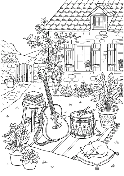 Coloriage d'une guitare acoustique et d'un tambour avec des baguettes.