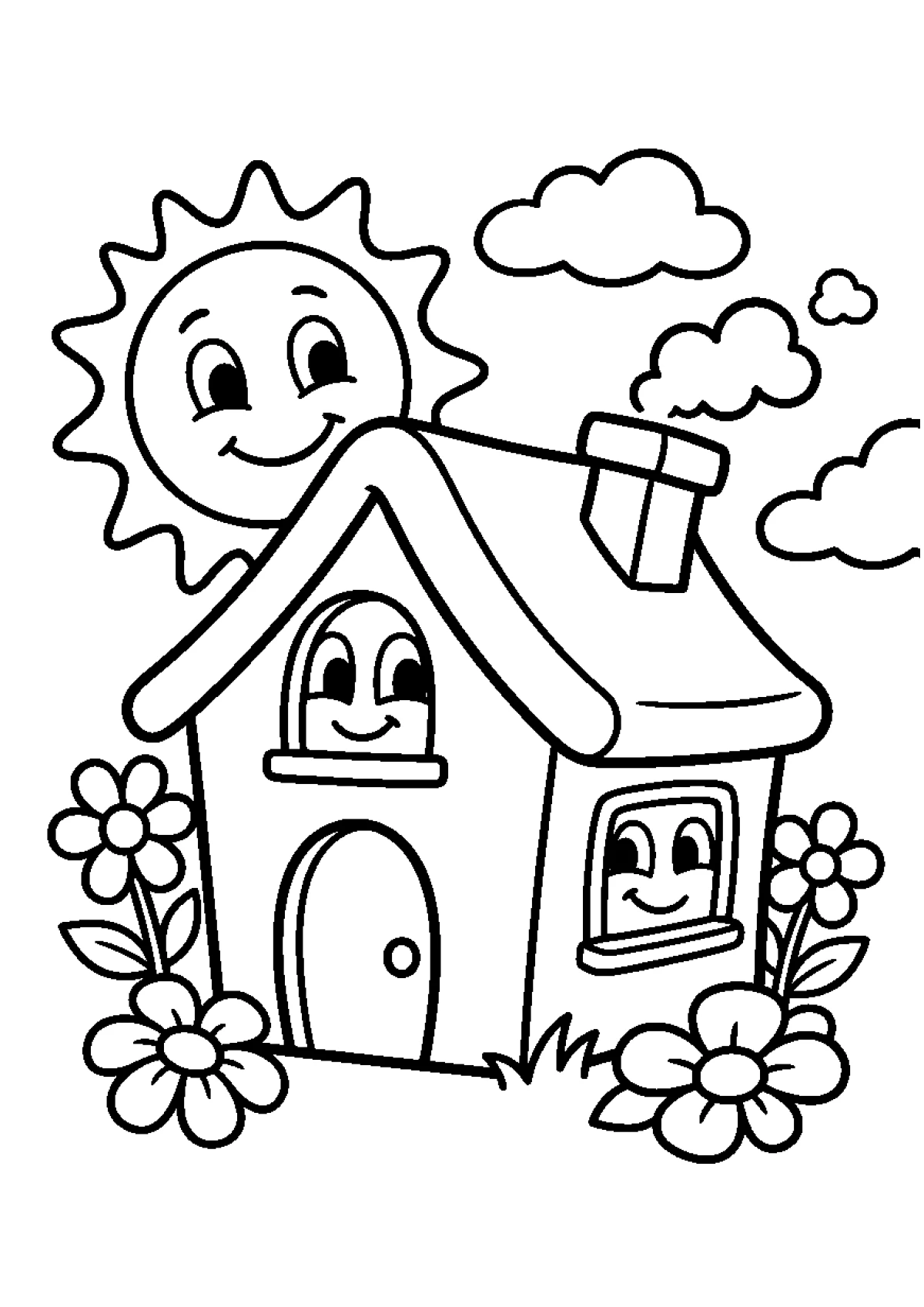 Coloriage d'une petite maison avec deux fenêtres et un grand soleil dans le ciel
