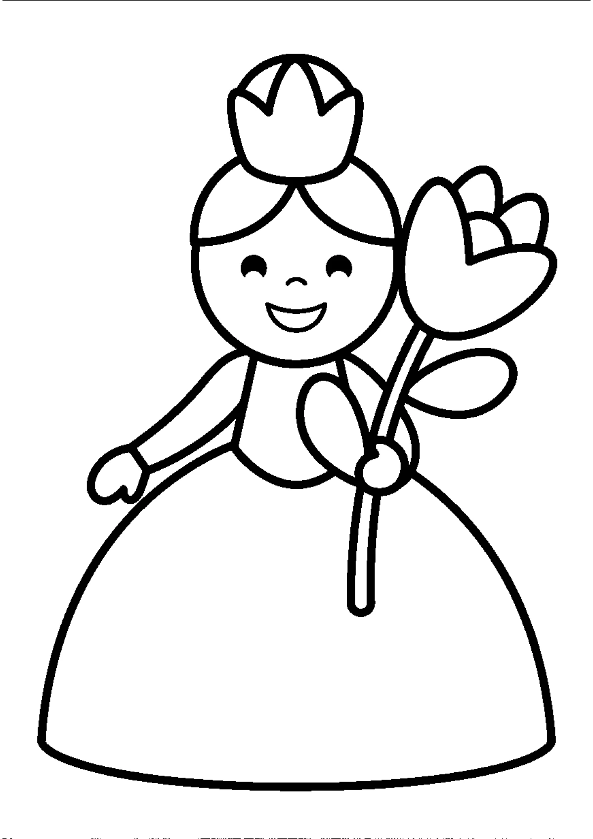 Coloriage d'une princesse avec une couronne devant des fleurs et un buisson.