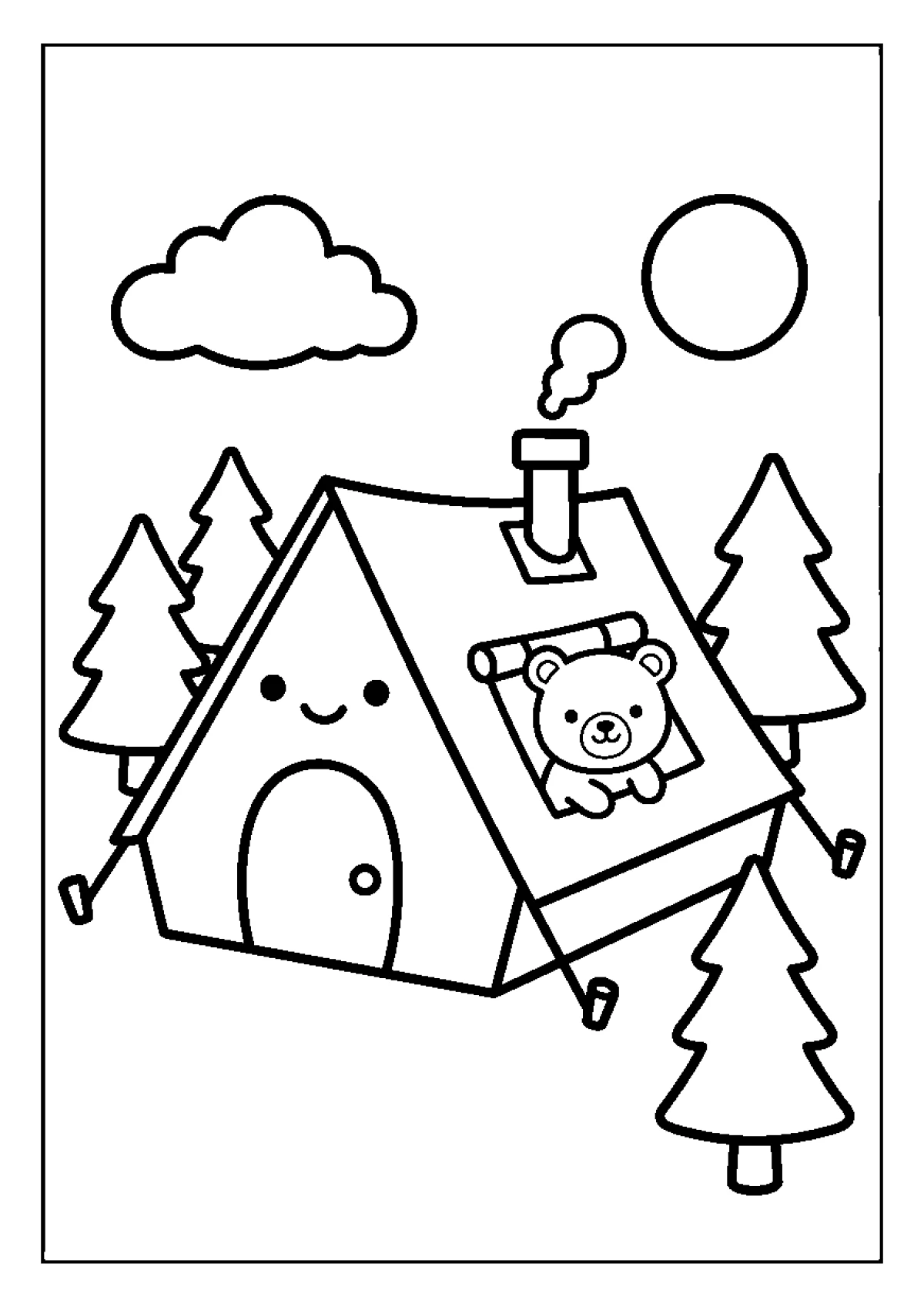 Coloring page of a camping tent under trees with a small campfire in front.