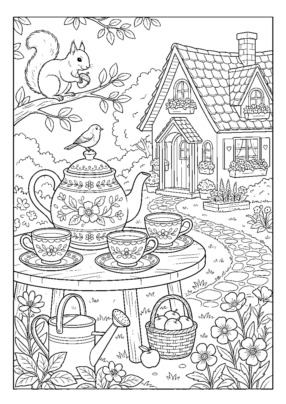 Coloriage d'une théière ronde et de deux tasses posées sur une table.