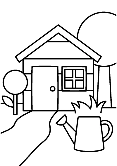 Coloriage d'une petite maison en bois entourée de fleurs et d'herbe sous un grand soleil.
