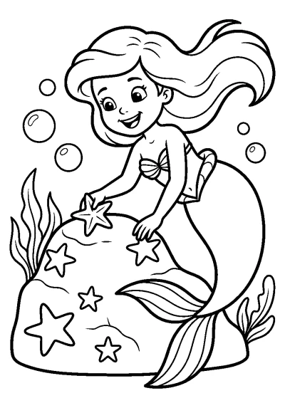 Coloriage d'une sirène assise sur un rocher qui accroche des étoiles de mer autour d'elle.