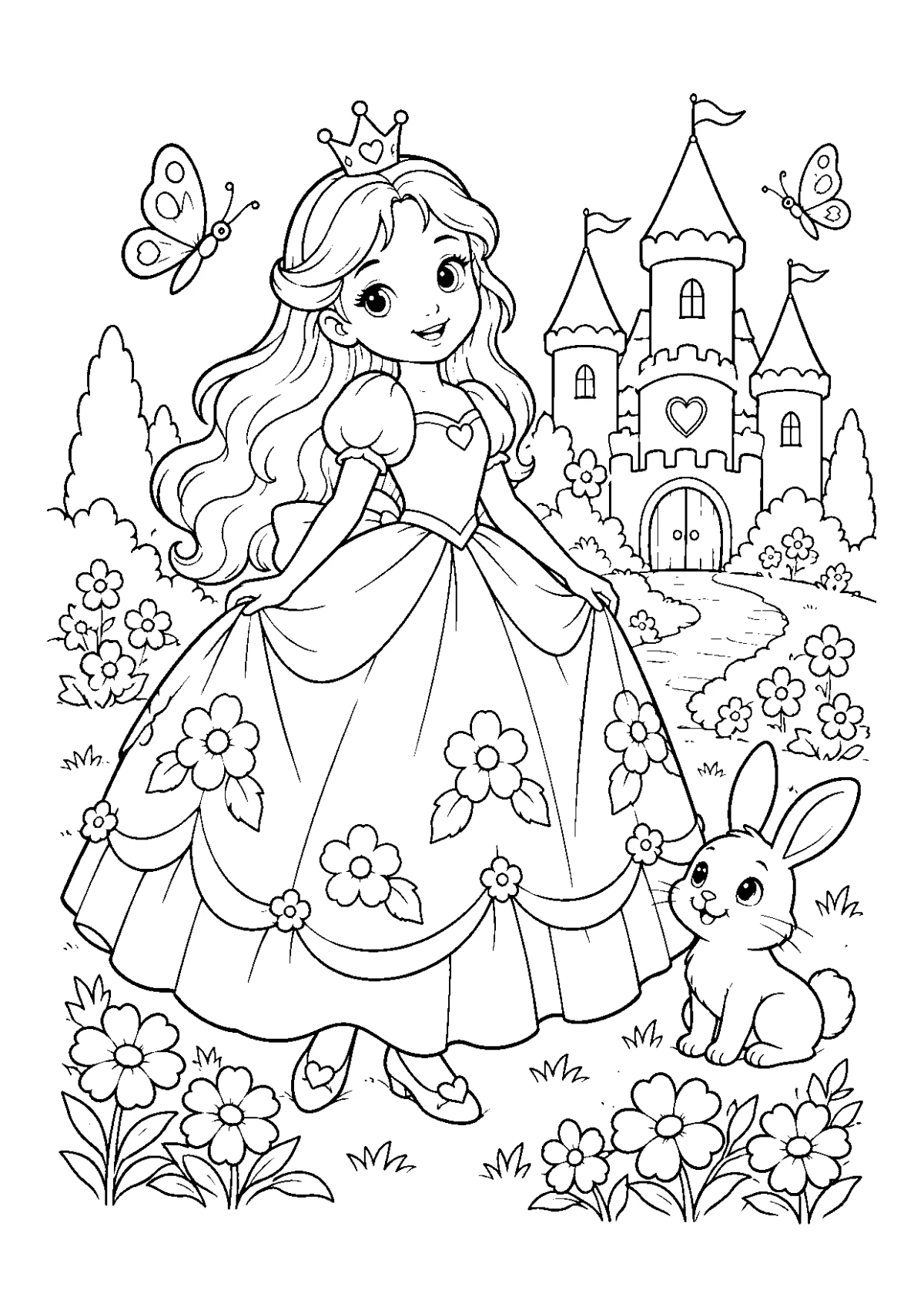Princesse en robe fleurie devant un château, avec un lapin et des papillons, à colorier.