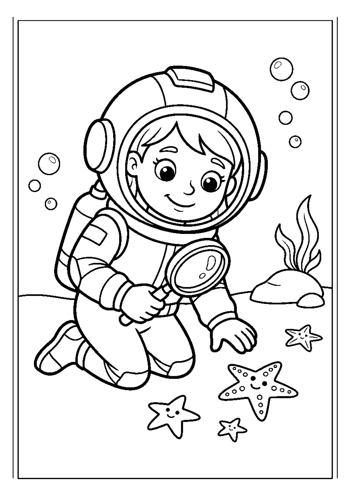 Coloriage d'une océanographe avec son équipement qui observe des étoiles de mer au fond de l'eau.